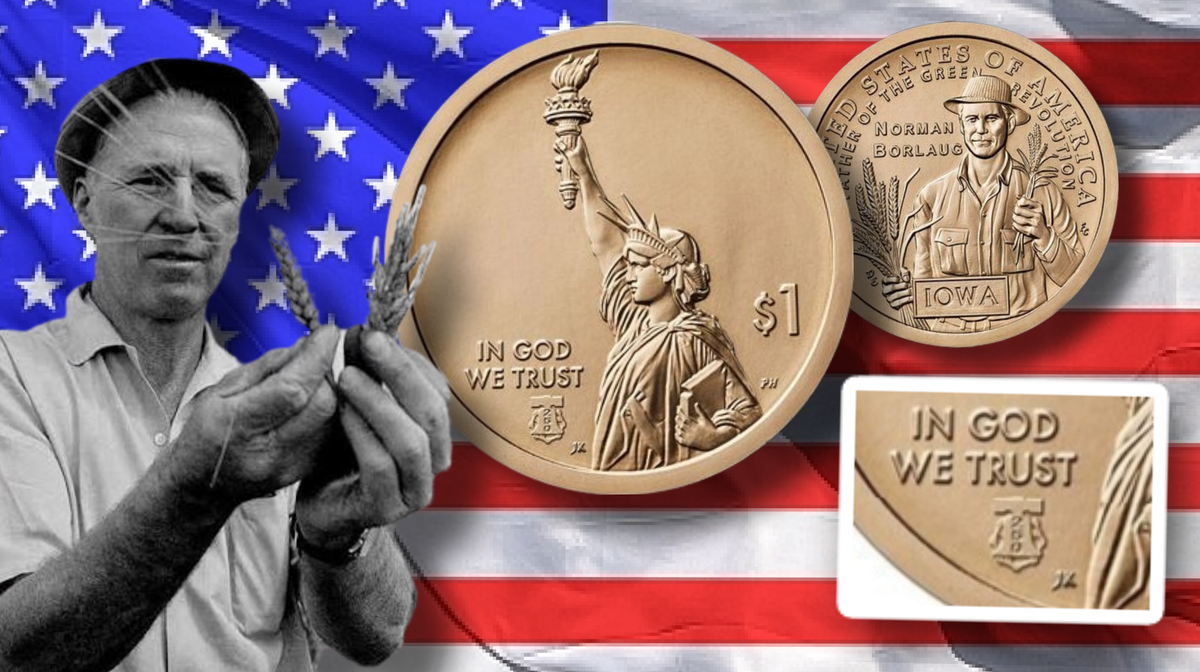 Норман Борлоуг с колосьями пшеницы. Аверс монеты 1$ США 2026г. «Норман Борлоуг. Штат Айова». Совмещенный знак серии монет и юбилея страны.