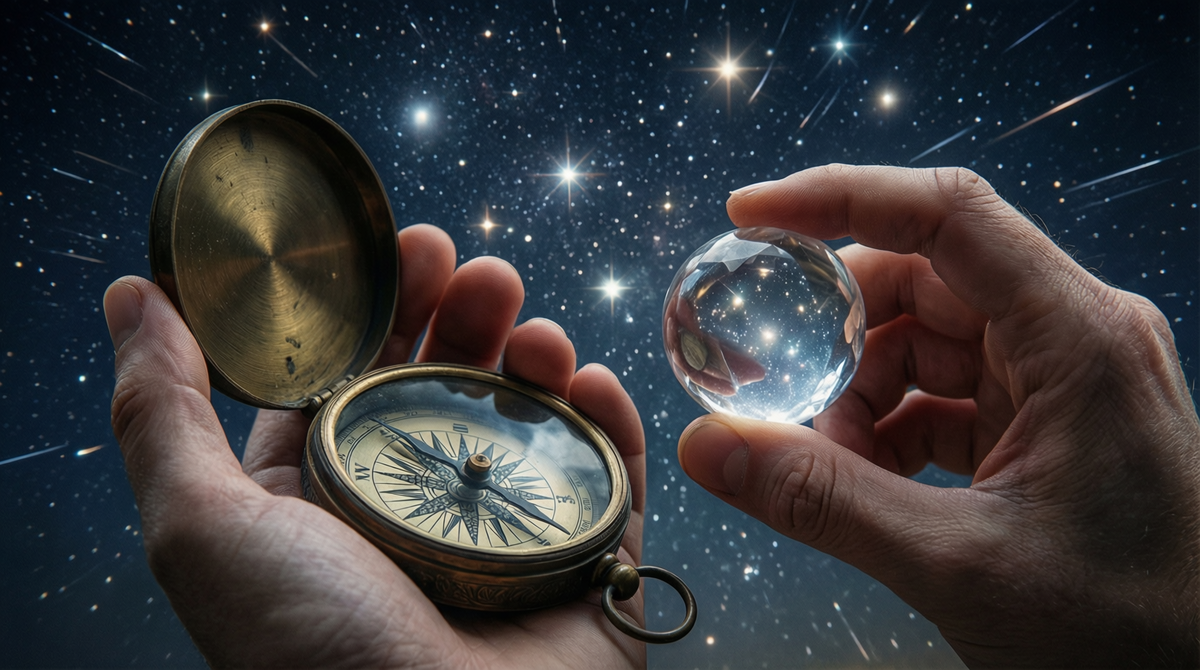 Два предмета как символ двух путей. Компас — логика науки и поиск направления. Хрустальный шар — чудо и единственная судьба.
