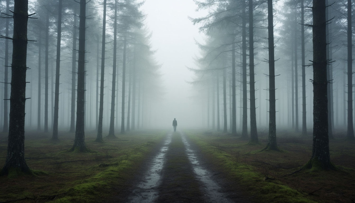 Бесконечный лес в тумане, где каждая тропинка расходится на две новые. На каждой тропе — силуэт одного и того же человека, но в разных позах. Сюрреалистичный пейзаж, туманное утро, матовая цветовая гамма. --ar 16:9