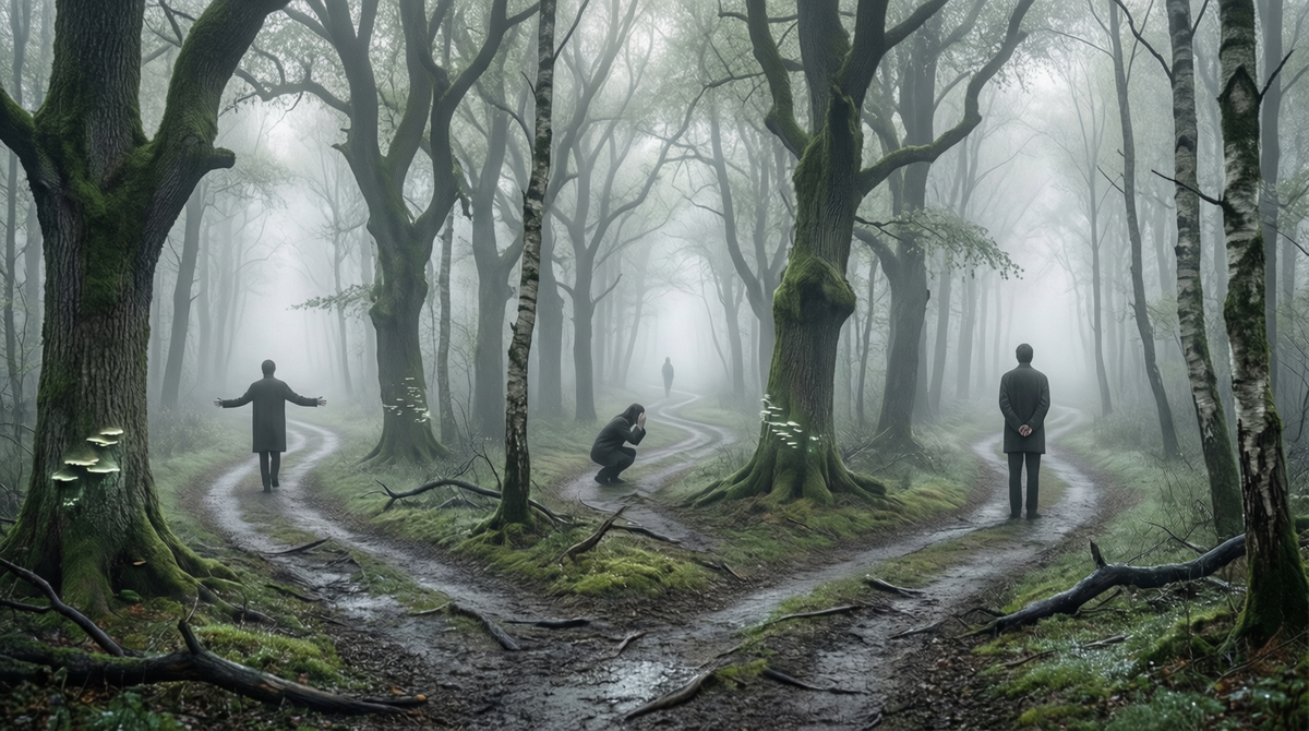 Бесконечный лес в тумане, где каждая тропинка расходится на две новые. На каждой тропе — силуэт одного и того же человека, но в разных позах. Сюрреалистичный пейзаж, туманное утро, матовая цветовая гамма. --ar 16:9
