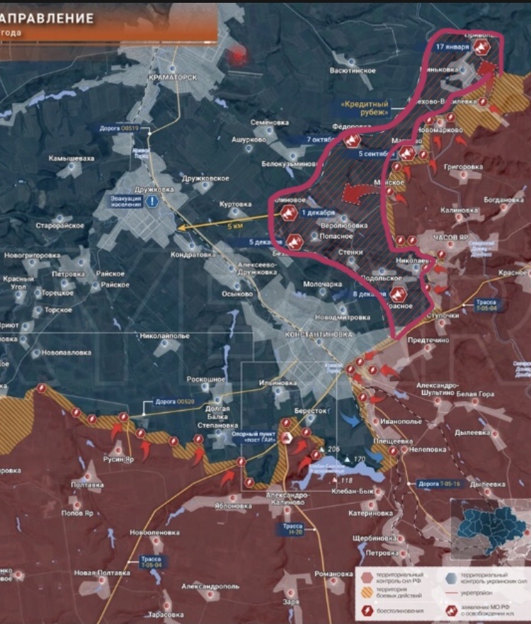 Вишневым контуром выделен участок автором настоящего канала, о котором «Рыбарь» сообщает, как о не подконтрольном ВС РФ, но по докладам наших официальных военных источников якобы контролируемым ВС РФ. У населенных пунктов стоят даты, когда по «кредитным» докладам они якобы взяты нашими войсками, что не соответствует действительности.