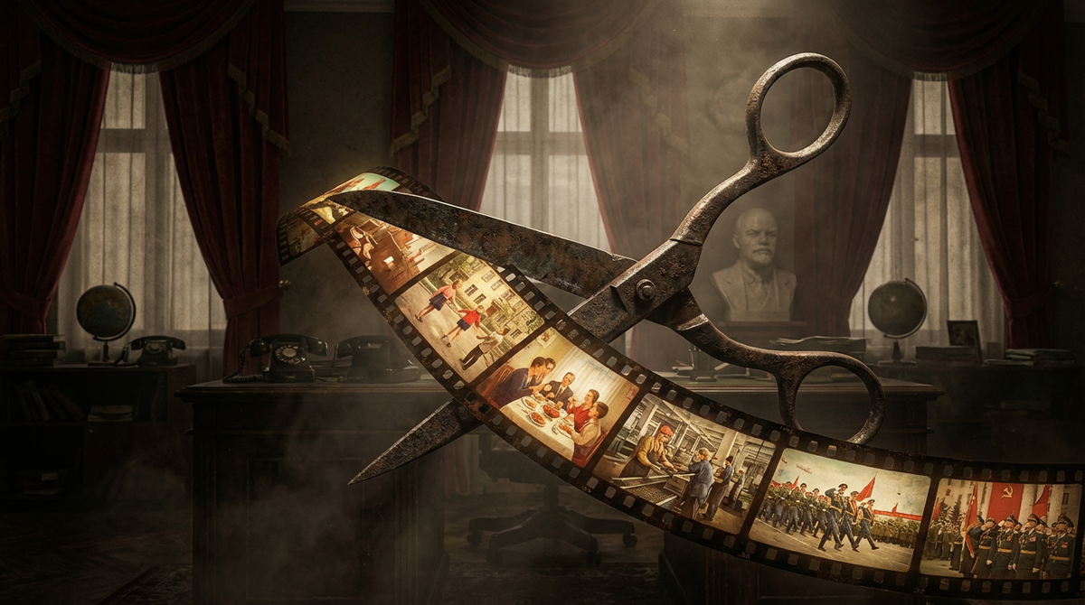  Ножницы советской цензуры разрезают кинопленку.