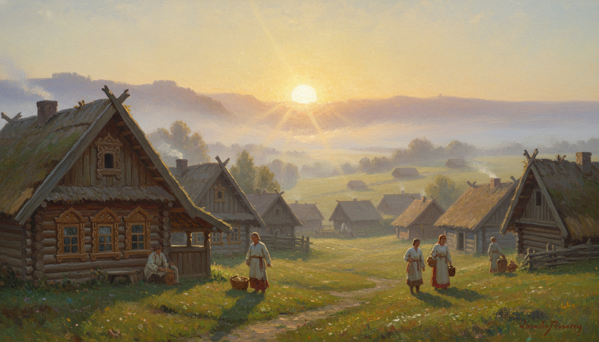 Первые солнечные лучи наполняют деревню тихим ожиданием чуда. Здесь каждый рассвет — как новое дыхание мира, где природа и человек ещё говорят на одном языке.