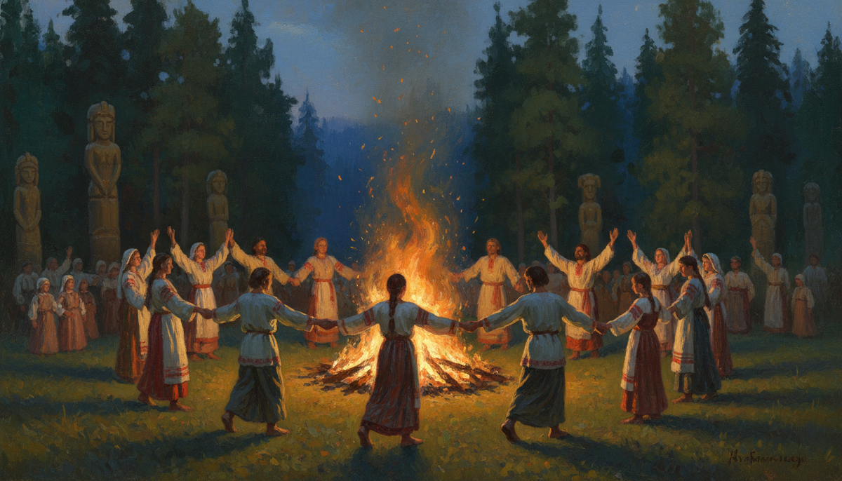 Священный костёр разгорается у лесной опушки, собирая вокруг себя молодых и старых. Древнее чувство общности, которое передаётся через огонь, слово и свет.