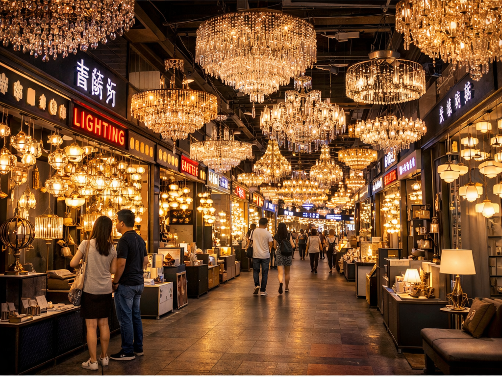 Огромные торговые пространства с тысячами люстр, бра и подвесных светильников.