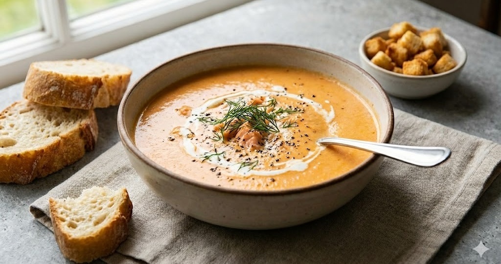 Ресторанное блюдо из обычного «набора для ухи»: нежный суп-пюре из лосося