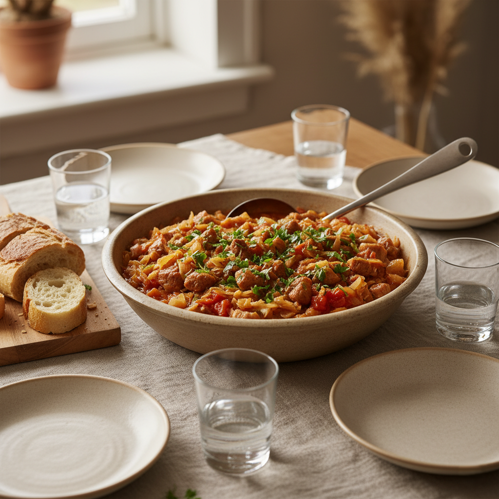 Тушеная Свинина с Капустой и Томатами