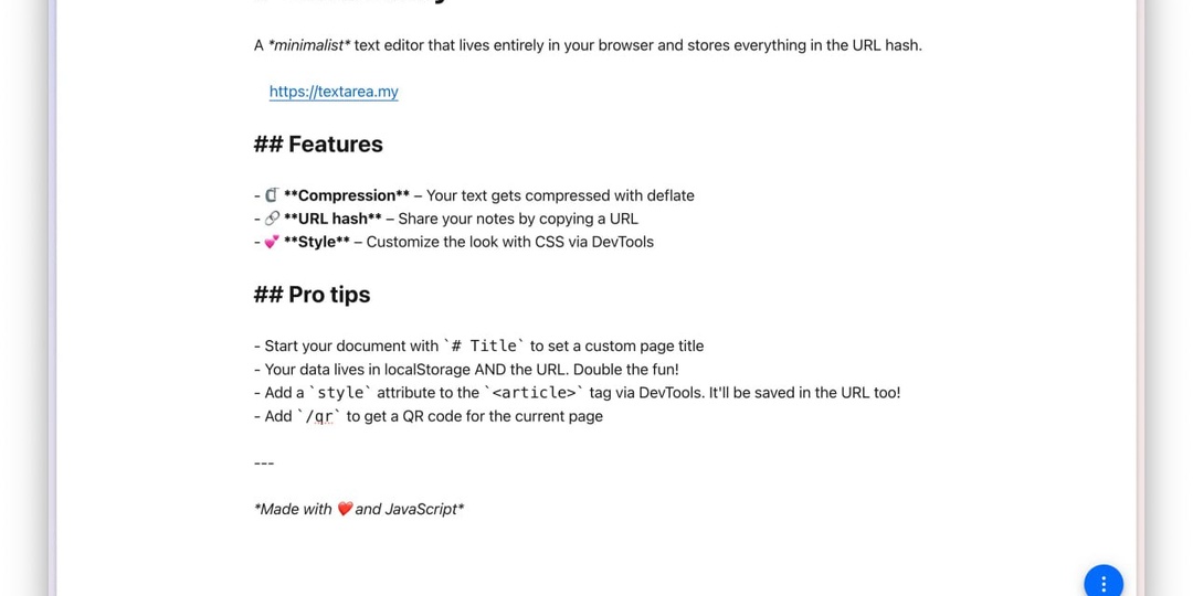 textarea.my — минималистичный текстовый редактор без БД и бэкенда