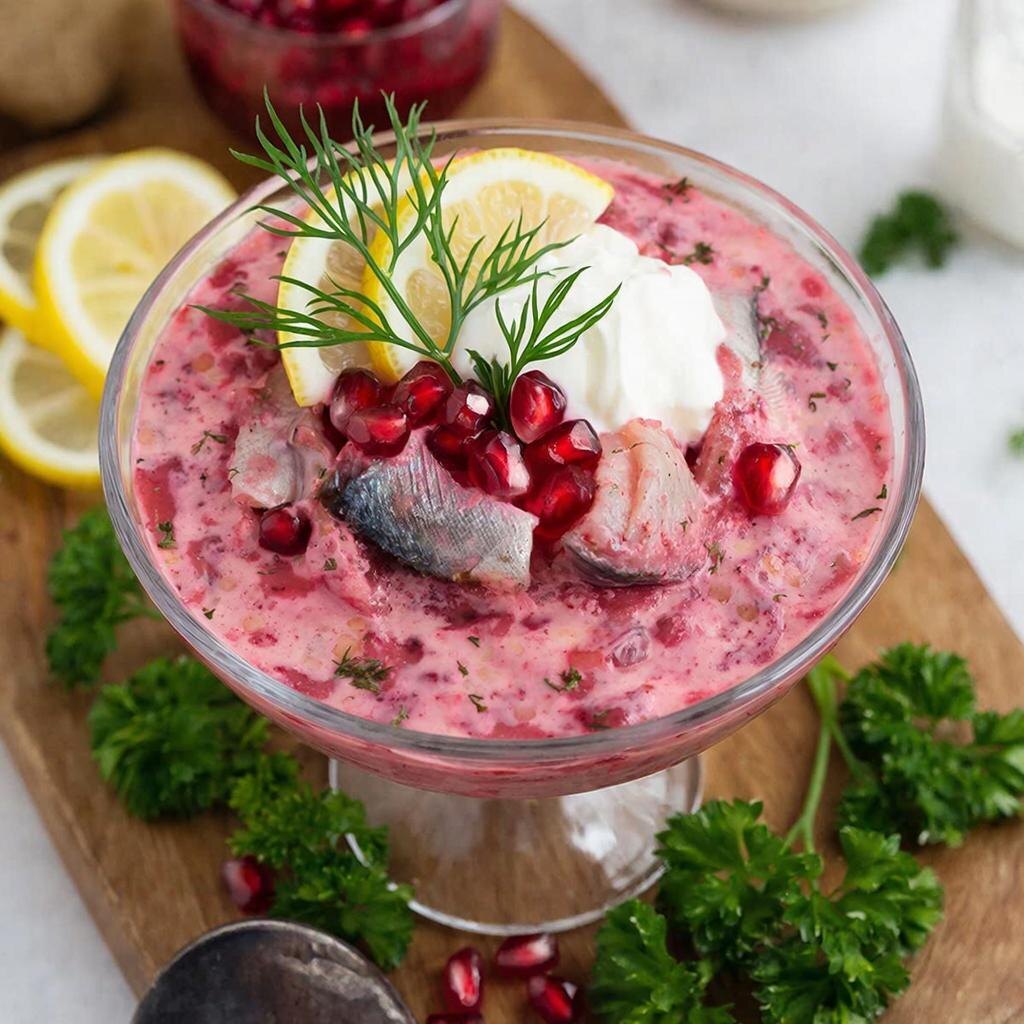 Свекольный мусс с сельдью, творожным сыром, сметаной и укропом «Эльзасский»: Изысканное сочетание вкусов и текстур