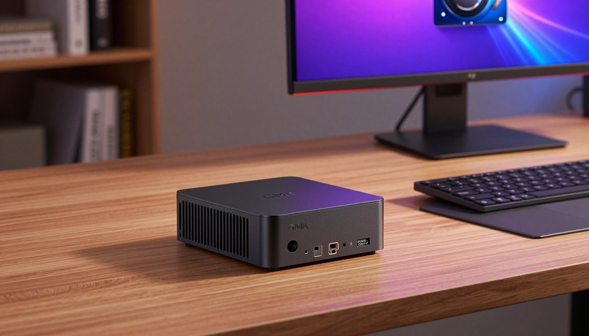 A modern, compact mini-PC: the GMK G10 featuring the AMD Ryzen™ 5 3500U processor, 16GB RAM, and 512GB SSD. The device is sleek and modern, with a matte black finish and subtle LED accents, positioned prominently on a minimalist wooden desk. In the foreground, focus on the mini-PC with its distinct ventilation grilles and ports, illuminated softly by warm desk lamp light. In the middle ground, include a stylish monitor displaying vibrant graphics powered by the Radeon™ Vega 8, along with a slim wireless keyboard and mouse. The background features an organized workspace with a subtle, blurred bookshelf to add depth. The overall atmosphere conveys a blend of professionalism and efficiency, suitable for contemporary tech enthusiasts.