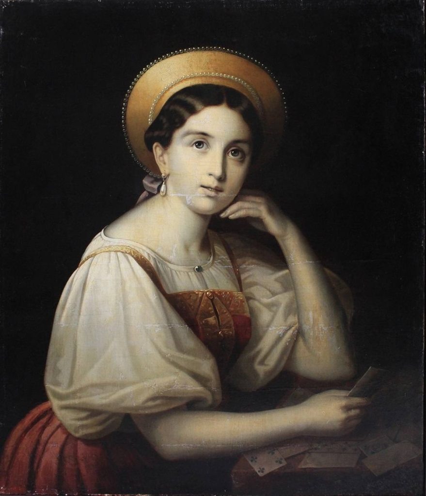 Неизвестный художник первой половины XIX века «Гадание». Холст, масло. Размеры: 79 x 67 см. Инв. Ж-211. Таганрогский художественный музей. Фото картины взято из открытого источника.