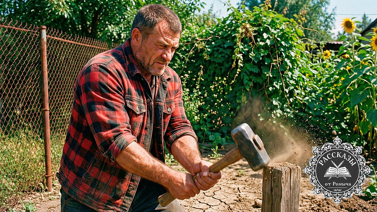 Мужчина в красно-черной клетчатой куртке забивает колышек, решая земельный спор с соседом в СНТ под Новосибирском. Межевание участка, самозахват земли и кадастровый план.