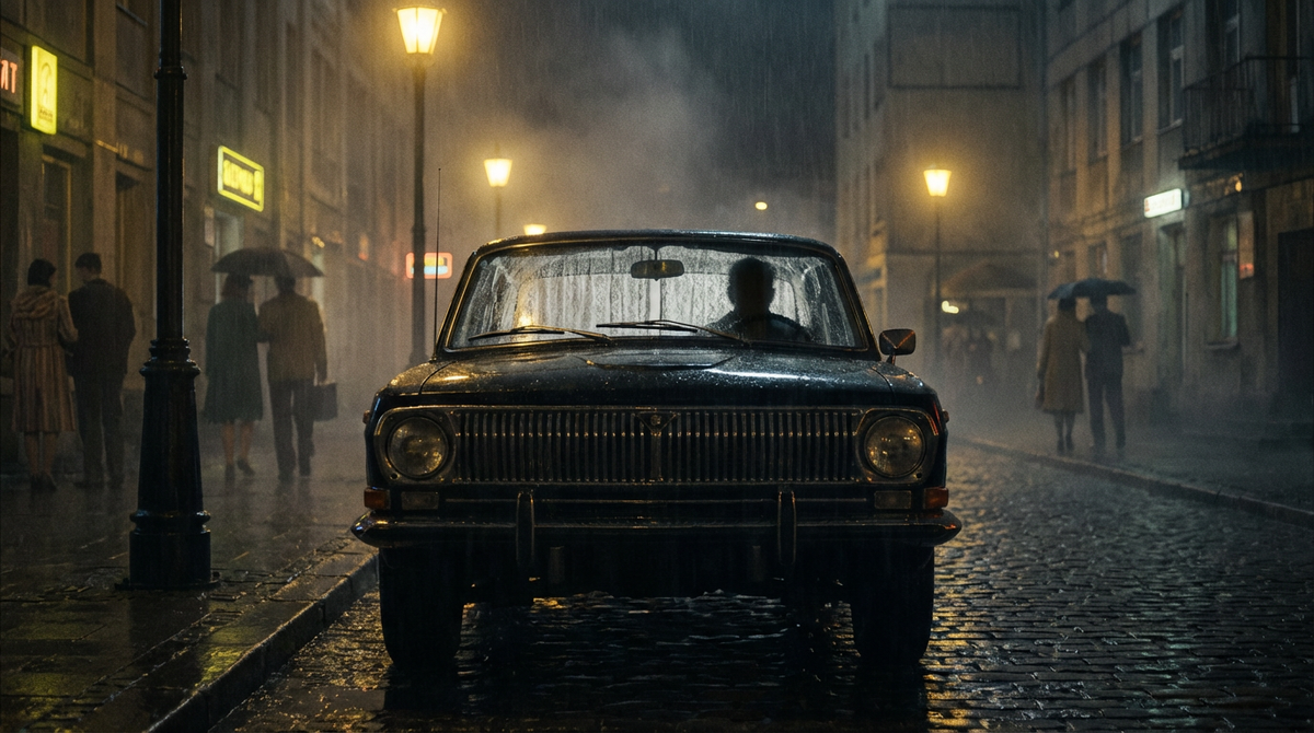Черная Волга ГАЗ-24 с зашторенными окнами на ночной улице.