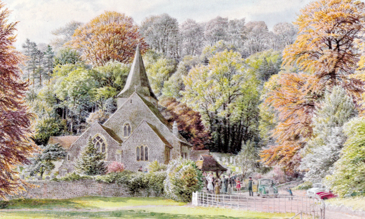 © Стэнли Рой Бэдмин (Stanley Roy Badmin). Картина, изображающая церковь в окружении деревьев.