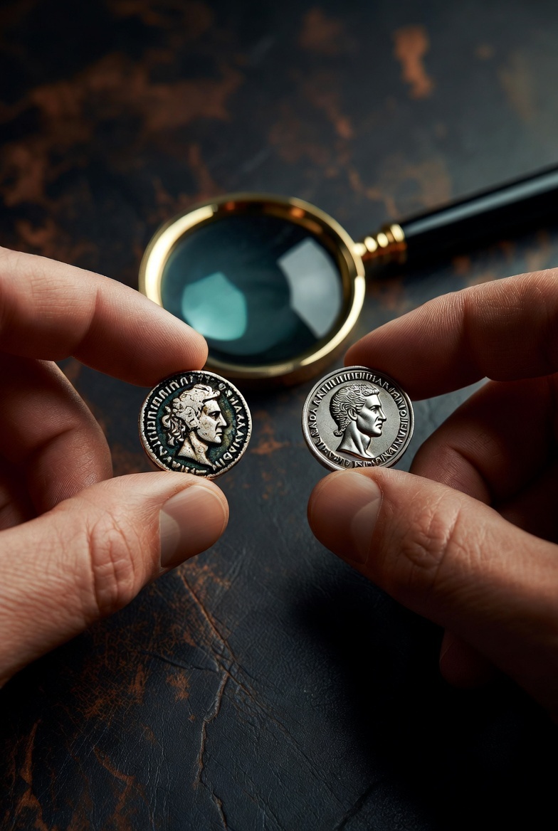 В левой руке, покрытый патиной римский серебряный динарий, а в правой- современная фальшивая монета