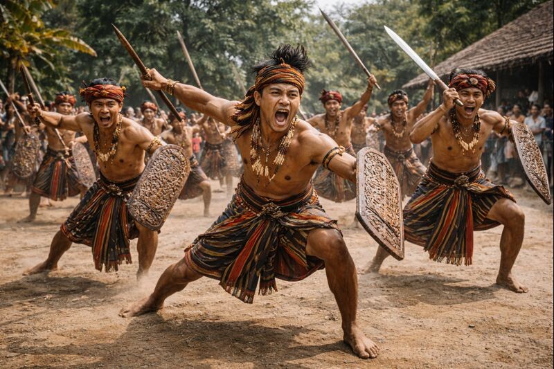 Мужской ритуально-церемониальный танец Восточного Тимора. Изображение создано нейронной сетью ChatGPT.