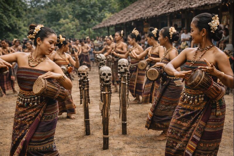 Женский ритуально-церемониальный танец Восточного Тимора. Изображение создано нейронной сетью ChatGPT.