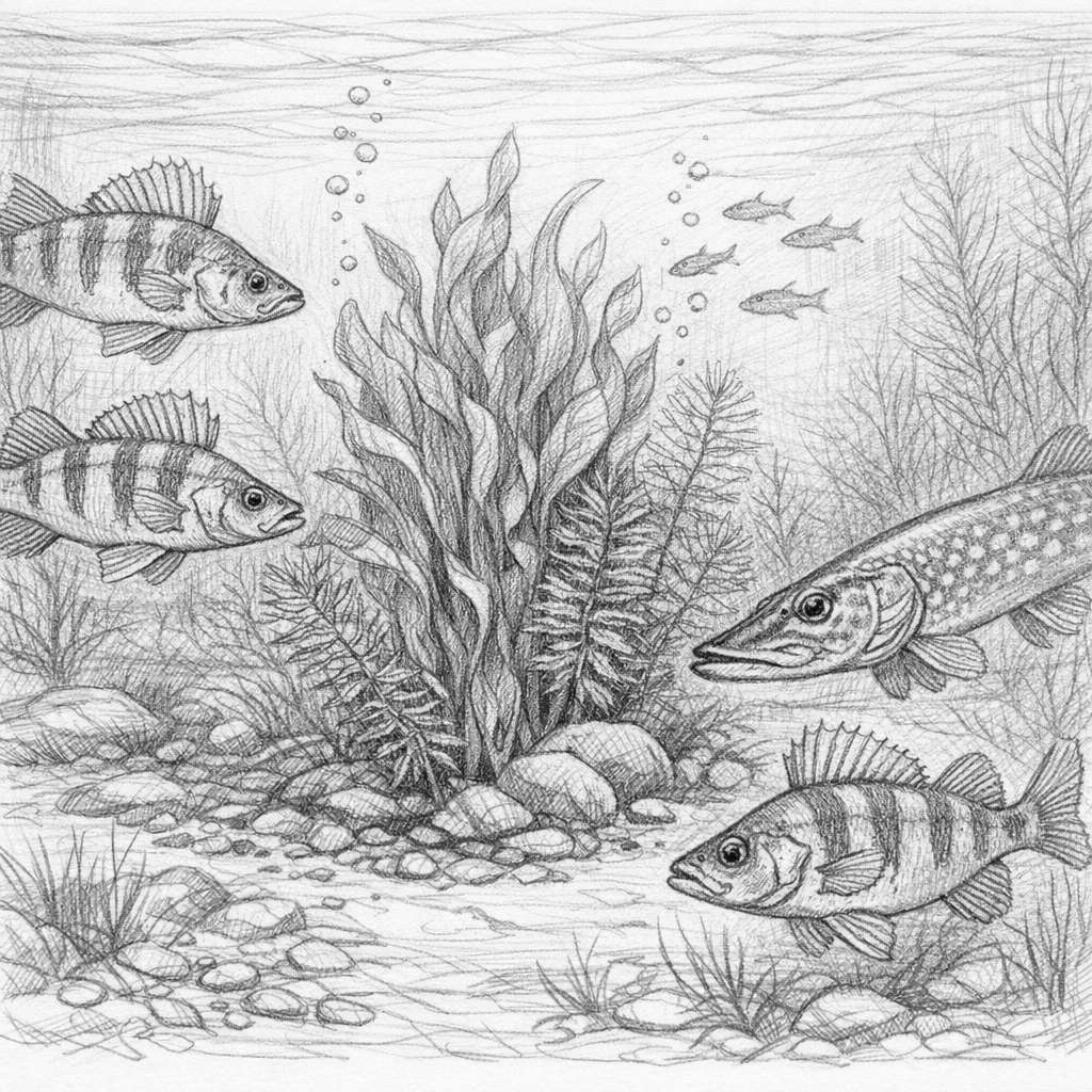 окуни и щука под водой обычно держатся отдельно