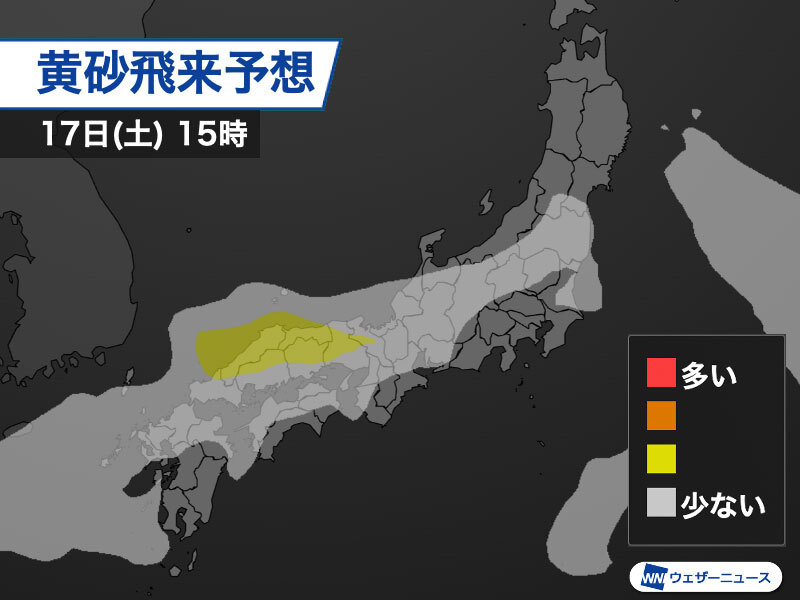     Фото: Weathernews.jp Карта распространения желтого песка на 17 января, 15:00.