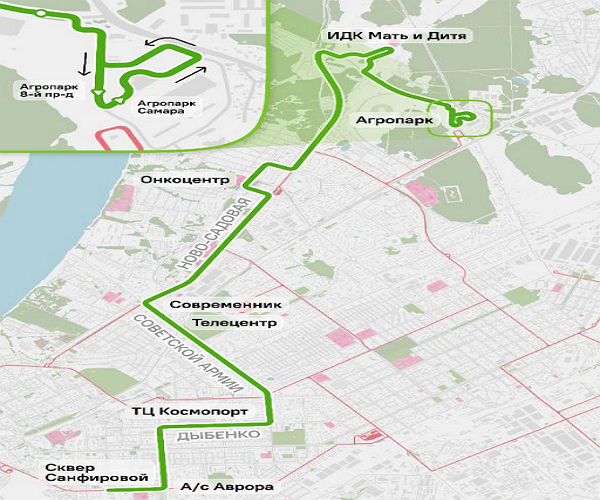Маршрут автобуса № 93 в Самаре: сквер Санфировой - Агропарк «Самара» через Онкоцентр