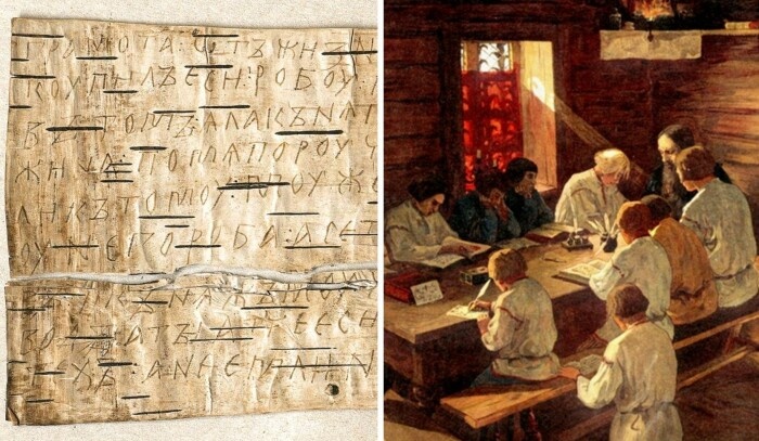 Первыми учебниками были Псалтырь и часослов, а настоящим символом времени – берестяные грамоты (фото слева)