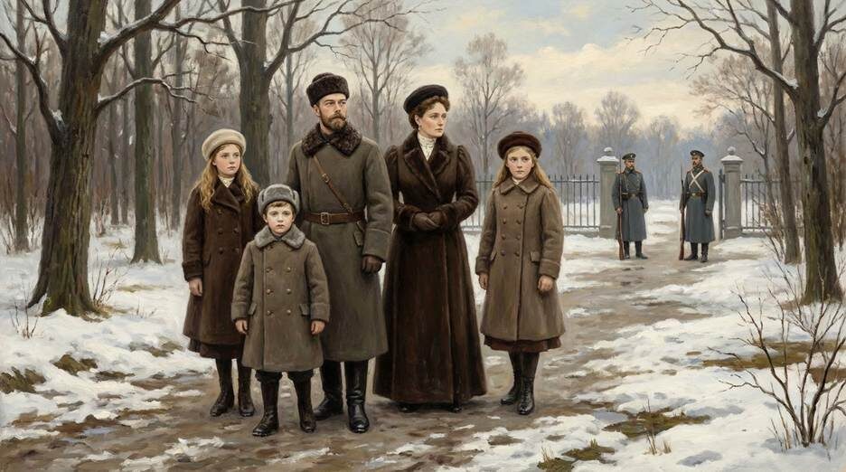 Семья Романовых под арестом в Царском Селе в ожидании решения своей судьбы.