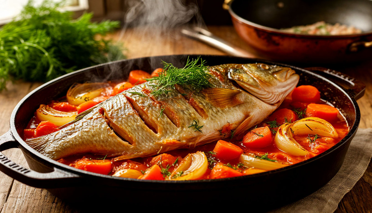 🐟 Рыба «под шубой» по-астрахански: не селёдка, а судак, запечённый с луком и морковью под томатом. 