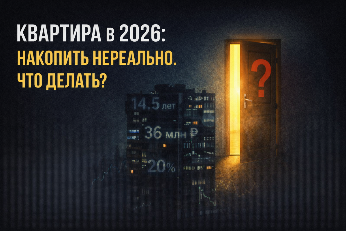 Силуэт многоквартирного дома из цифр и графиков. Яркая дверь с вопросительным знаком. Заголовок: Квартира в 2026: накопить нереально. Что делать?