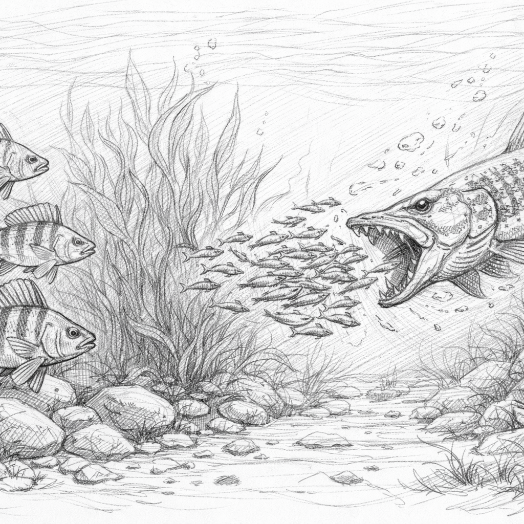 щука атакует стаю малька