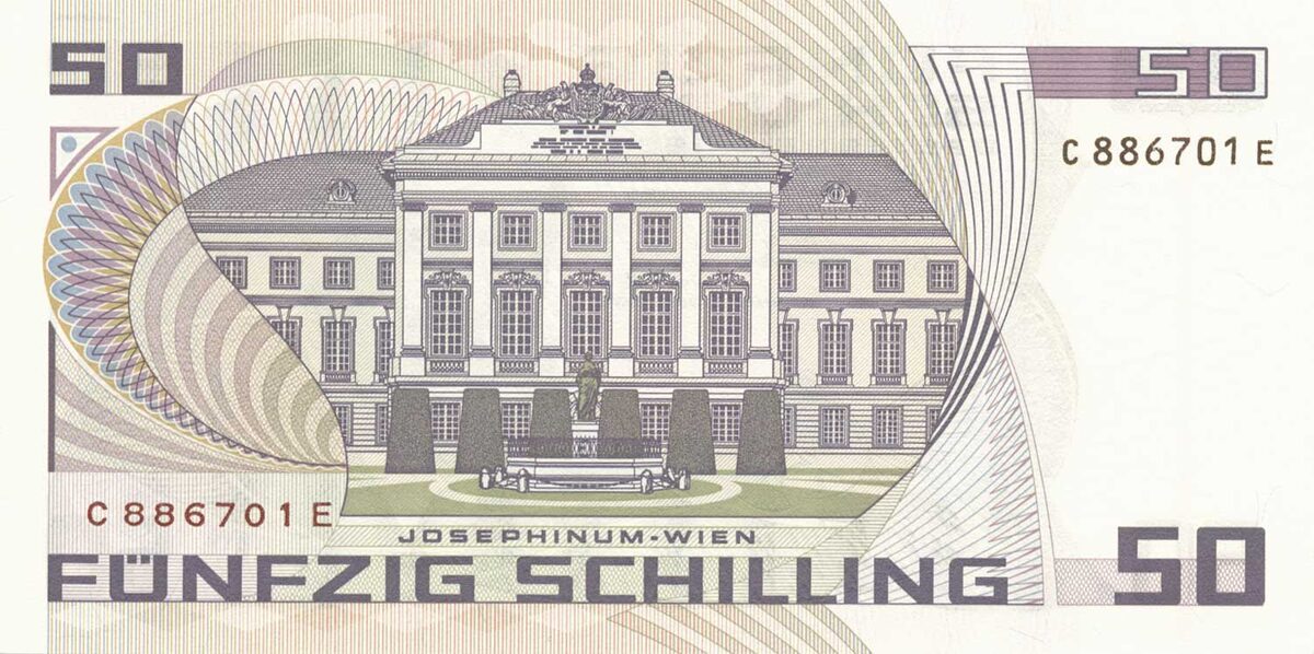 Банкнота в 50 шиллингов Национального банка Австрии, 1986 год с изображением венского музея истории медицины Йозефинума Фрейда (оборотная сторона).