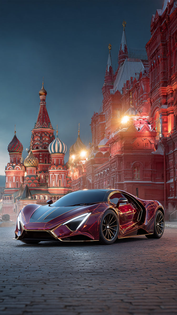 МОСКВА: A modern, hyper-realistic car designed with elements of Moscow architecture. Sleek automotive lines combined with ornate details inspired by Saint Basil’s Cathedral and the Moscow Kremlin, stylized onion domes, geometric brickwork, and decorative arches. The setting is dramatic and epic, powerful lighting, metallic reds and gold accents, city landscape in the background.