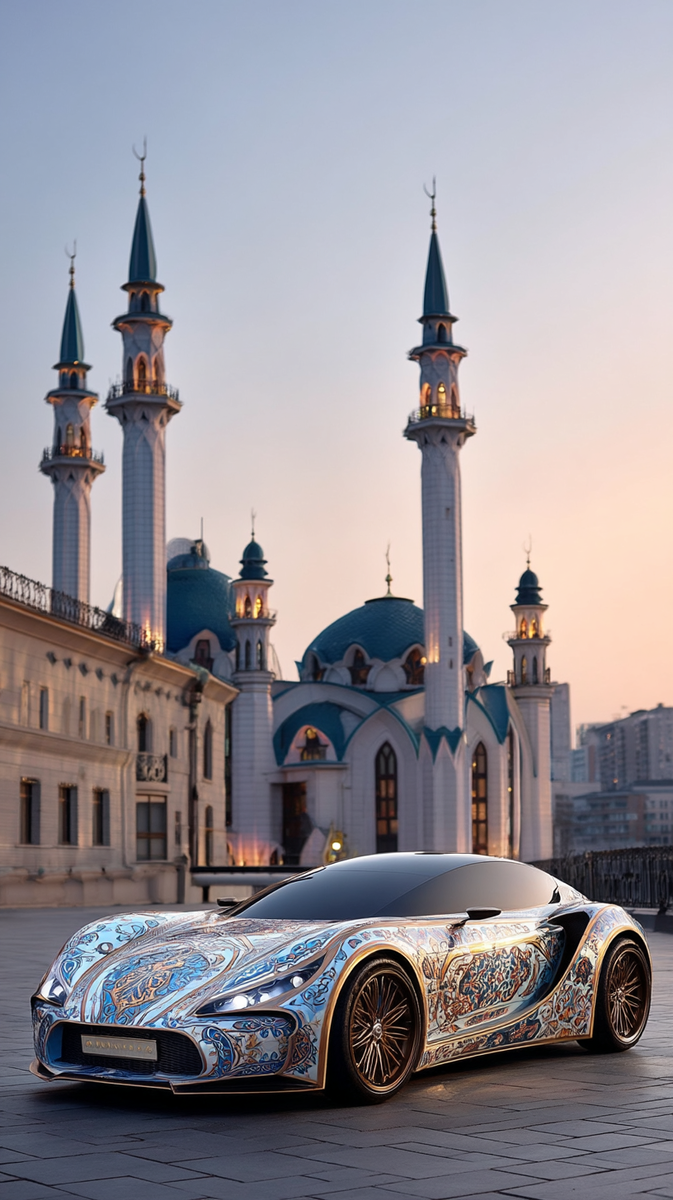 КАЗАНЬ: A modern, hyper-realistic car inspired by the architectural styles of Kazan, combining sleek automotive lines with ornate details from Kul Sharif Mosque, Syuyumbike Tower, and the Kazan Kremlin. Decorative minarets, domes and intricate Tatar patterns melded into the bodywork, dramatic lighting, shimmering highlights, sophisticated blue, white, and gold color palette, epic urban scene.