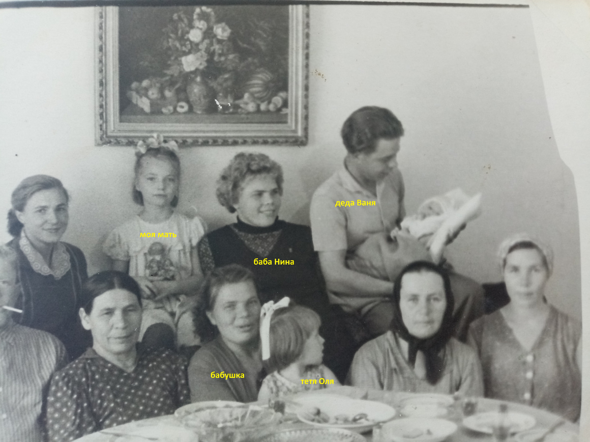 Мои родственники. Кто-то родился (не знаю, кто). Судя по возрасту моей матери, это примерно 1962 год.