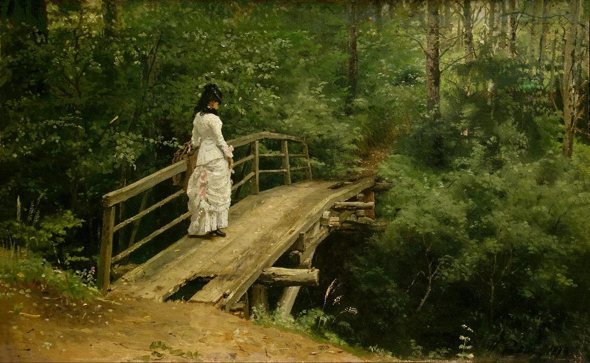 «Летний пейзаж (Вера Алексеевна Репина на мостике в Абрамцеве )», 1879 год. Холст, масло. 38 x 61 см. Отдел личных коллекций ГМИИ им. А.С.Пушкина, Москва