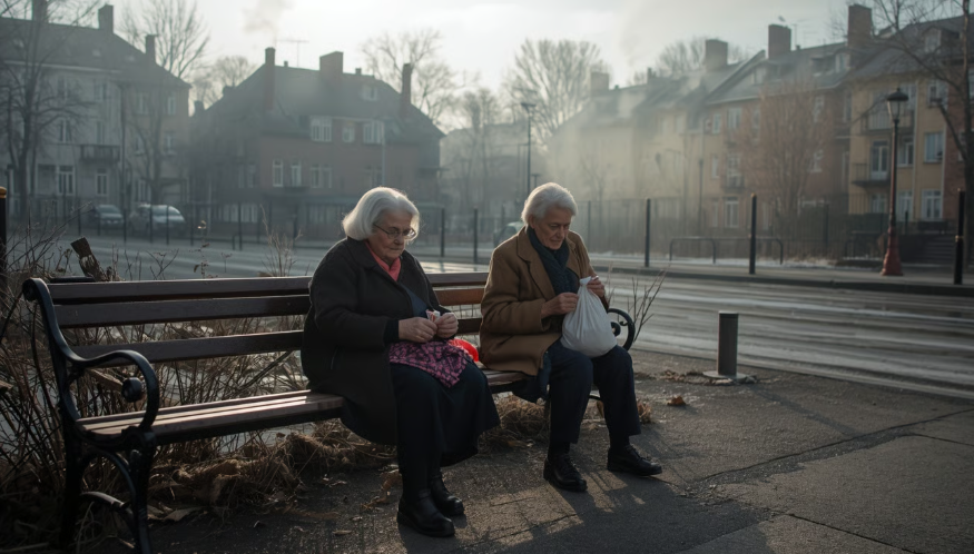  две пожилые женщины на лавочке у подъезда