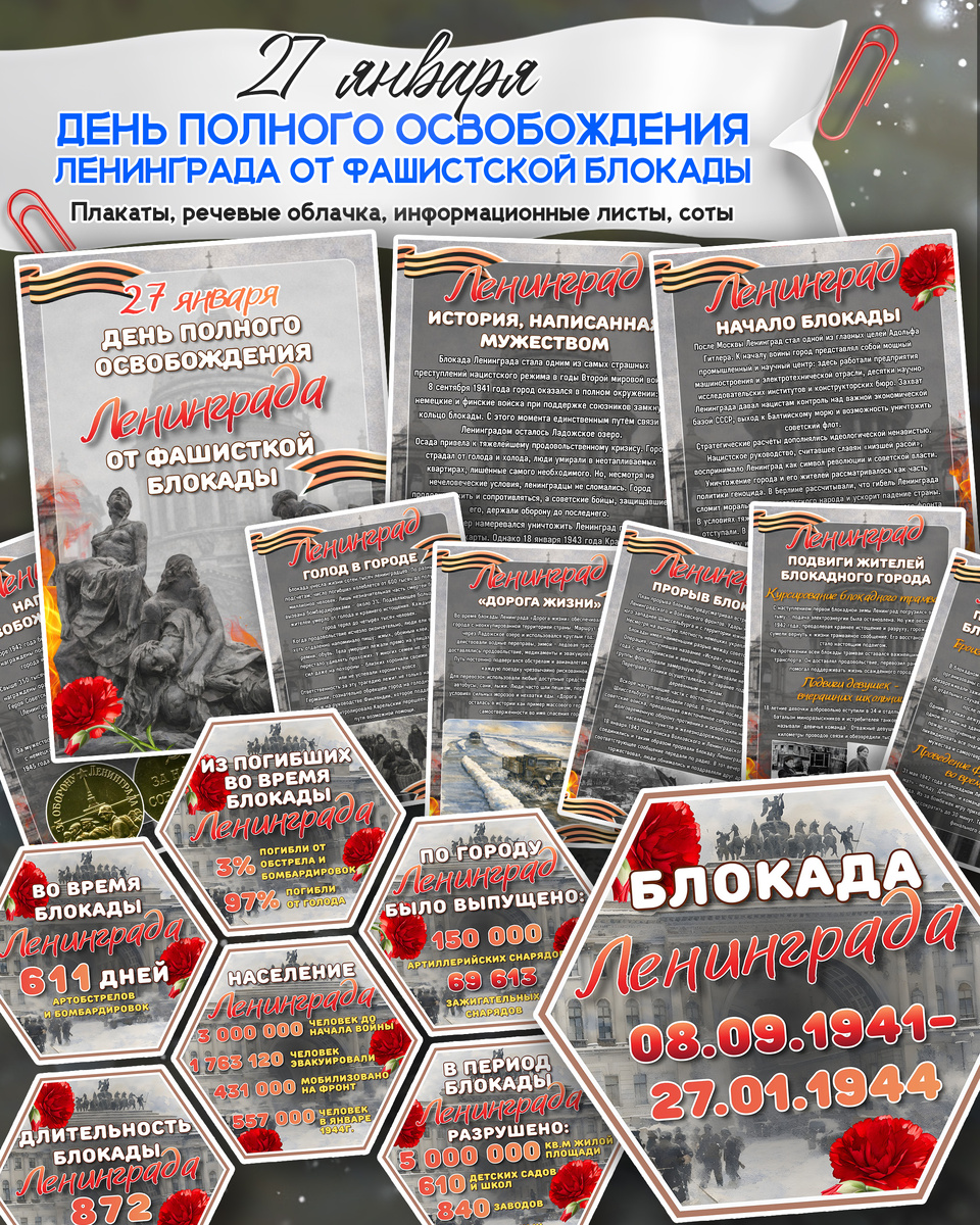 Информационные листы и соты (гексы) на 27 января «День полного освобождения Ленинграда от фашистской блокады»