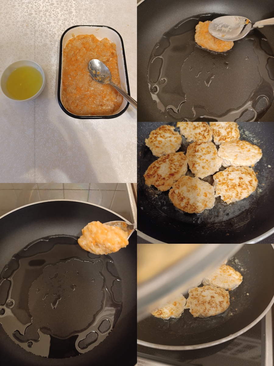 Фарш  из грудки курицы, я прокручиваю сразу с луком и замораживаю.В этот раз в фарш я добавила морковь,протертую на средней тёрке,кстати,она у меня тоже замороженная заранее в пакетах всегда  есть..,далее кладу желток в фарш ,добавляю немного воды..солю,перчу и ложкой выкладываю фарш на сковороду с горячим маслом.Иногда вместо моркови добавляю овсяные хлопья, буквально столовую ложку+ смотря сколько фарша...,промытые конечно,или тертый кабачок..все  добавки..идут на ура.в котлеты.Сварила гречку на гарнир.