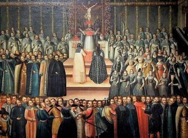 Заочное обручение Марины Мнишек и Лжедмитрия І в Кракове 12 ноября 1605 г. Гравюра XVII в.
Источник: https://kulturologia.ru/blogs/080516/29443/