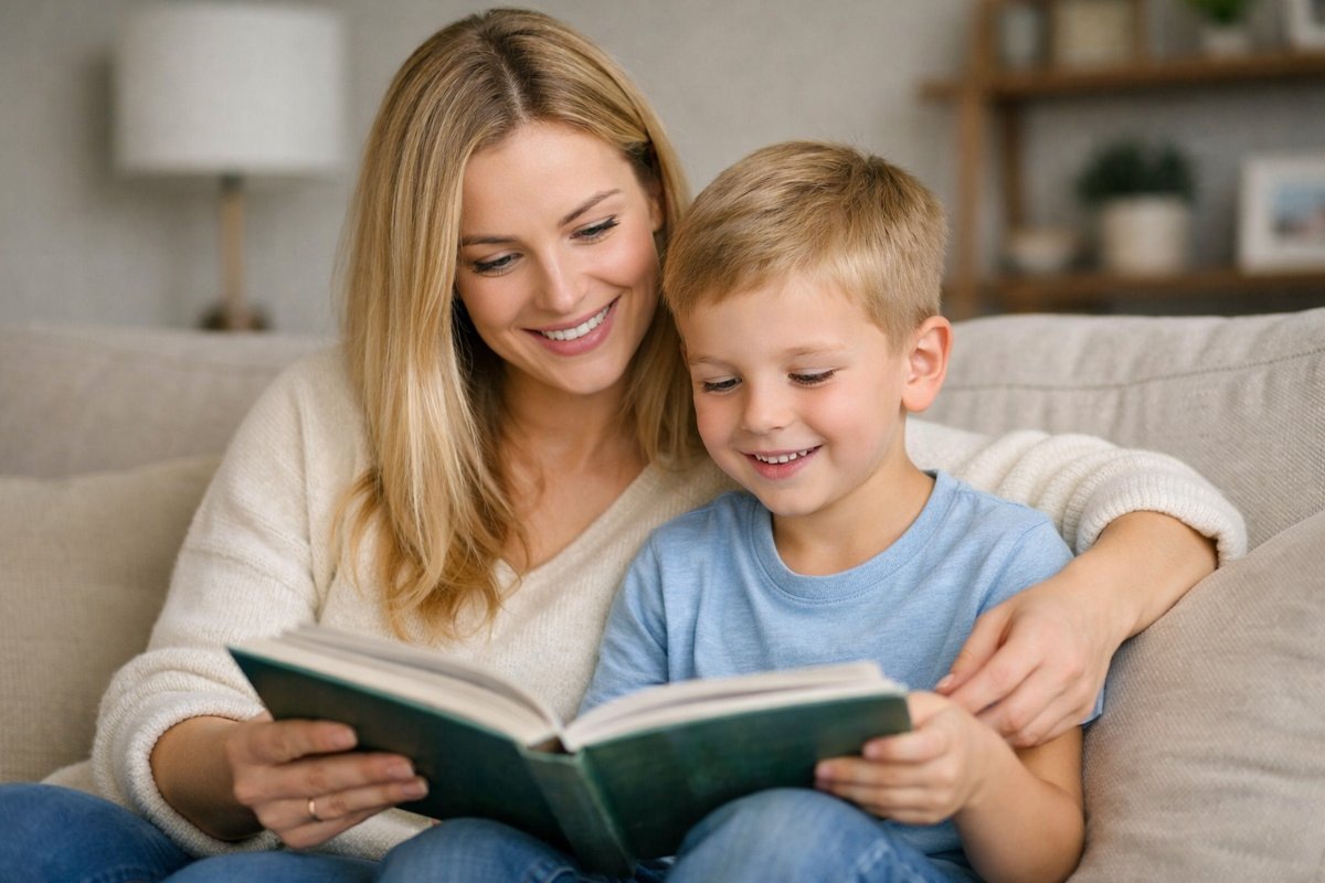Мама читает книгу с сыном