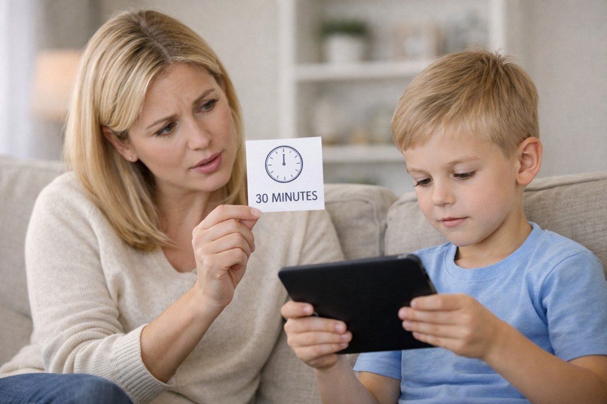 Мама дает возможность поиграть в планшет не более 30 минут