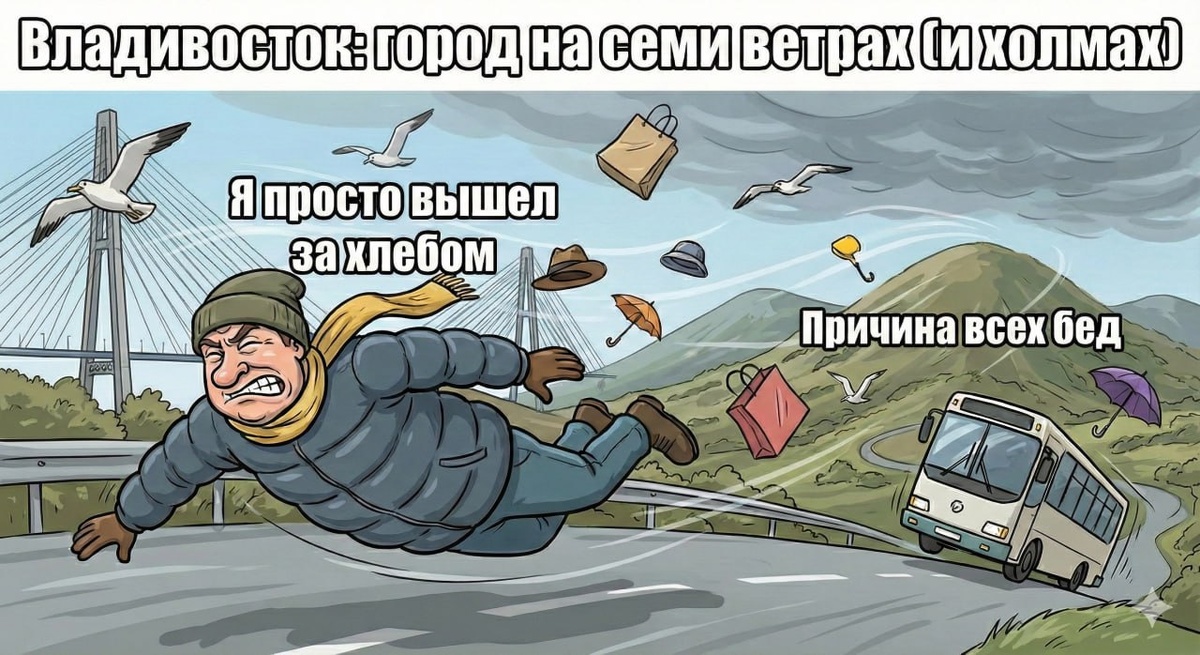 Мем про ветер во Владивостоке