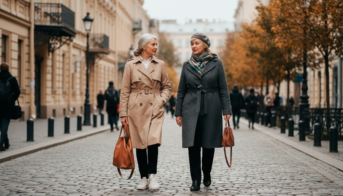 Посмотрите, как по‑городскому свежо смотрятся простые вещи: аккуратное пальто, удобная обувь и шарф у лица - уже создают основу современного образа 60+.