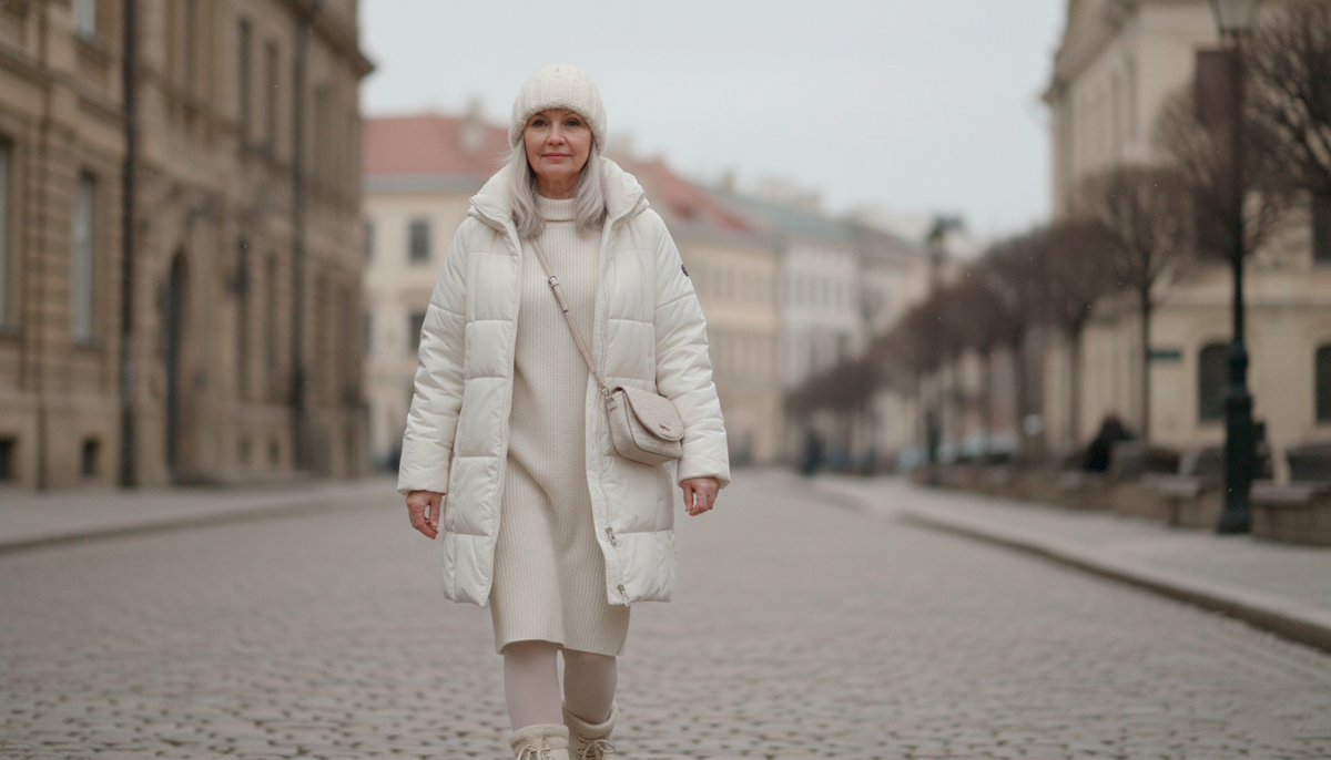 Здесь видно, как работает светлая вертикаль: платье и колготки вытягивают силуэт, а прямой пуховик мягко скрывает объём в зоне талии и живота.