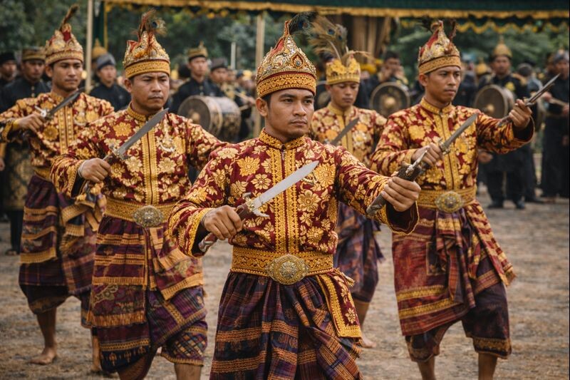 Придворно-церемониальный танец Брунея «Адук-Адук». Изображение сгенерировано нейросетью ChatGPT.