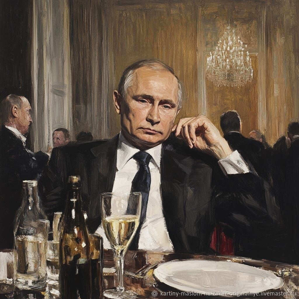 Живопись многонациональной РФ. "В.В. Путин. Размышления." Неизв. художник. Пояснительный текст:"Погрузитесь в атмосферу современного российского искусства с этой уникальной картиной, изображающей Путина за столом в ресторане. Его задумчивый взгляд и выразительная поза придадут интерьеру глубину и характер. Эта работа станет не только оригинальным акцентом, но и поводом для обсуждений среди гостей. Эксклюзивная картина маслом, которую можно пребрести за 62 200 ₽ (12 440 ₽ можно оплатить бонусами). Источник - livemaster.ru  
 
 
 