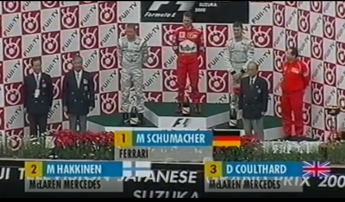 Михаэль Шумахер на Гран-При Японии в 2000 году выиграл свой третий Чемпионский Титул в составе Феррари!!! Подиум слева на право: Мика Хаккинен, Жан Тодт, Михаэль Шумахер и Дэвид Култхард