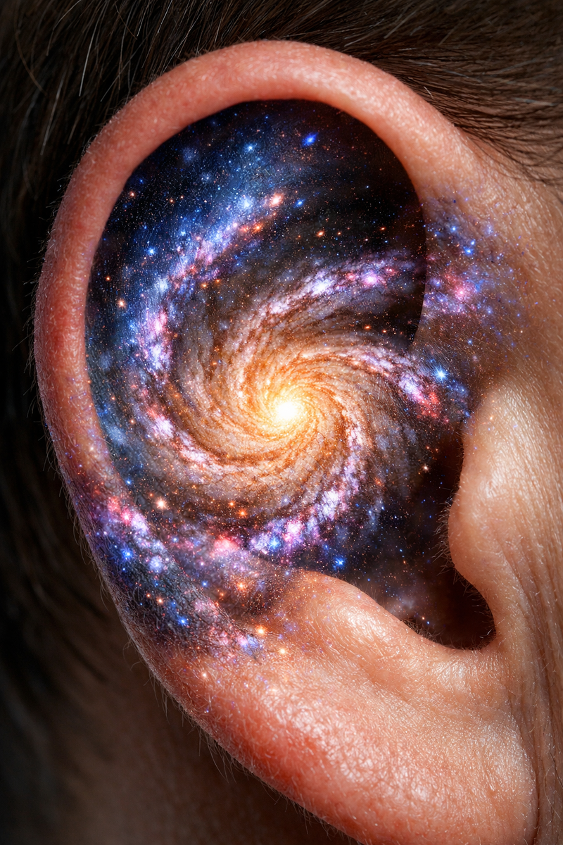 Макросъемка человеческого уха, на которую проецируется изображение спиральной галактики. Визуальная метафора связи слуха и космоса