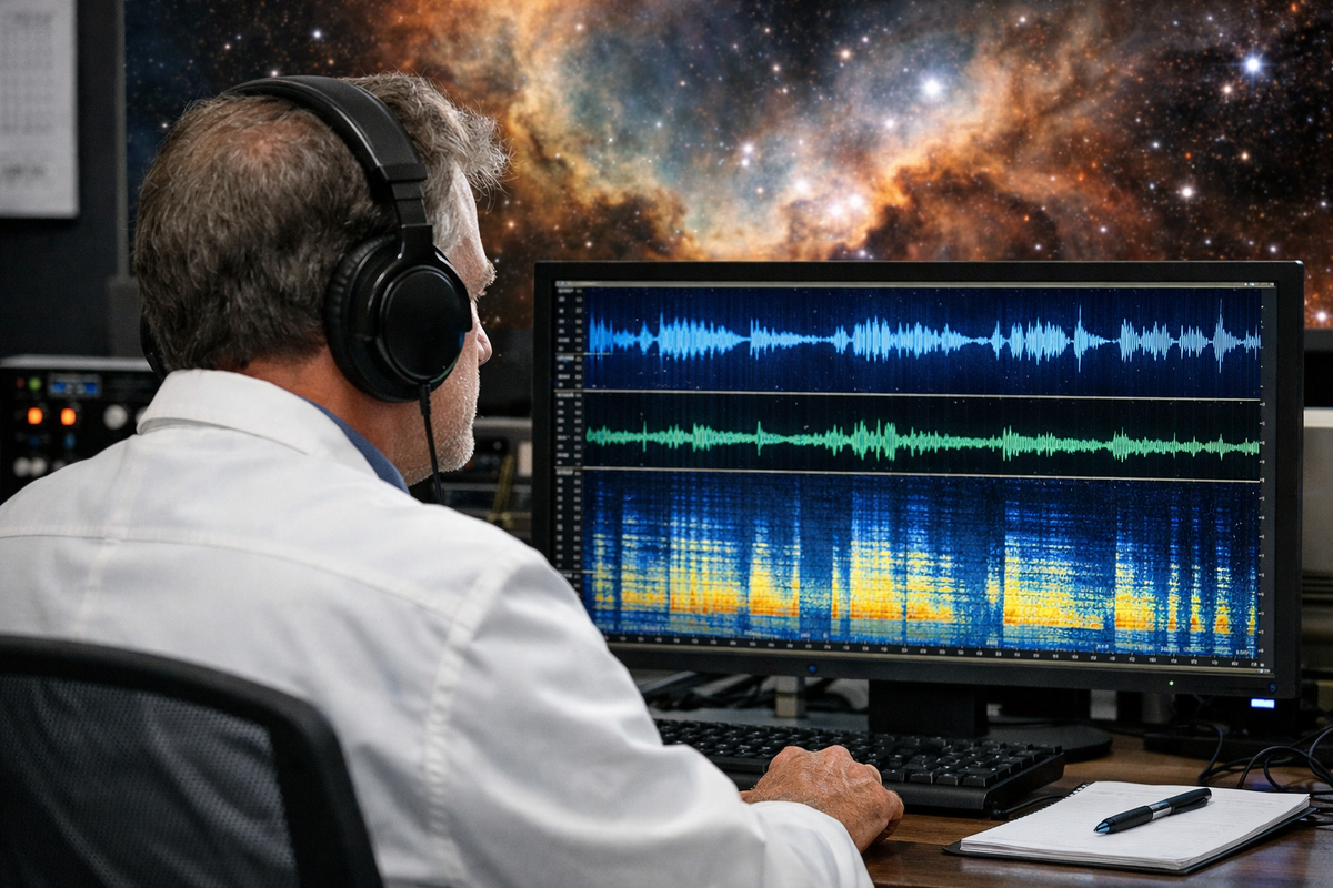 Ученый в наушниках сидит перед экраном с данными в виде звуковых волн. На заднем плане — изображение туманности. Стиль: документальная фотография