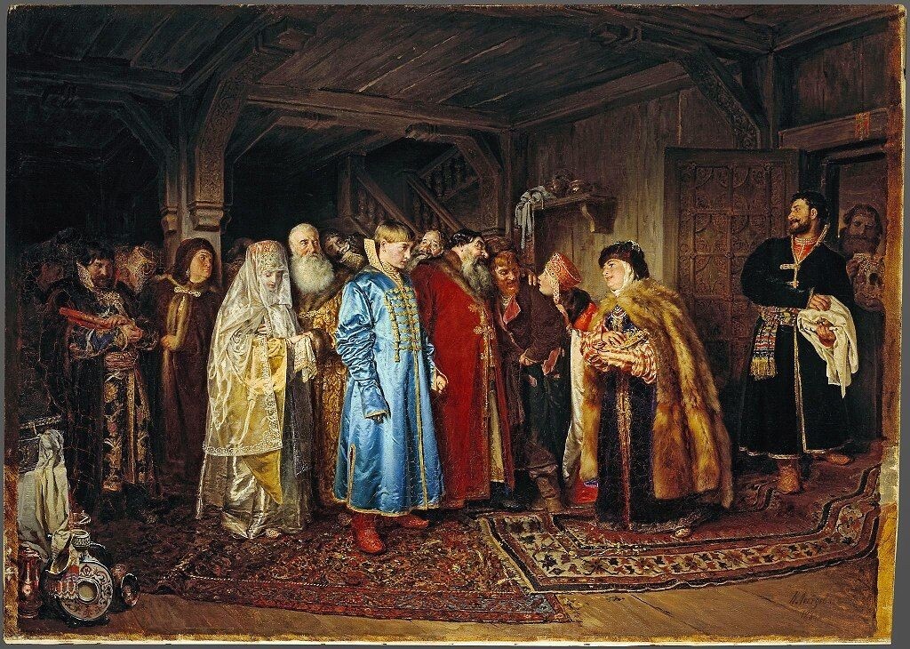 Лебедев Клавдий (1852-1916)БОЯРСКАЯ СВАДЬБА, 188348,8 x 69,2, холст, масло Приобр. П.М. Третьяковым в 1884 у автора