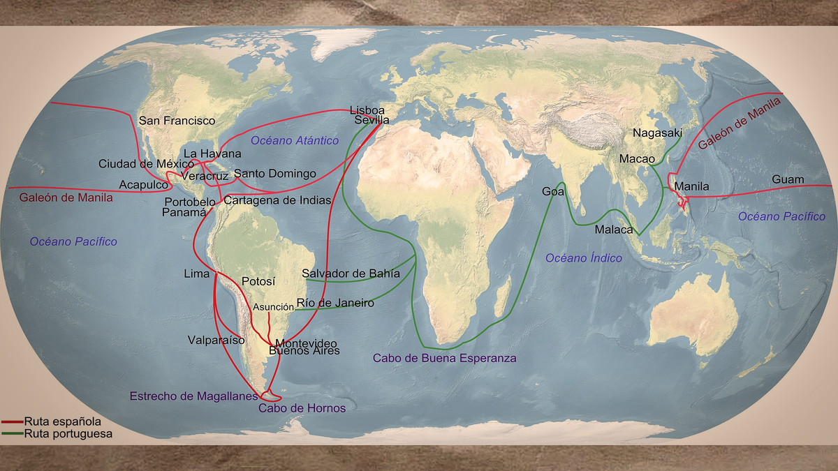 Основные испанские торговые пути (выделены красным, зеленым выделены португальские). Источник википедия